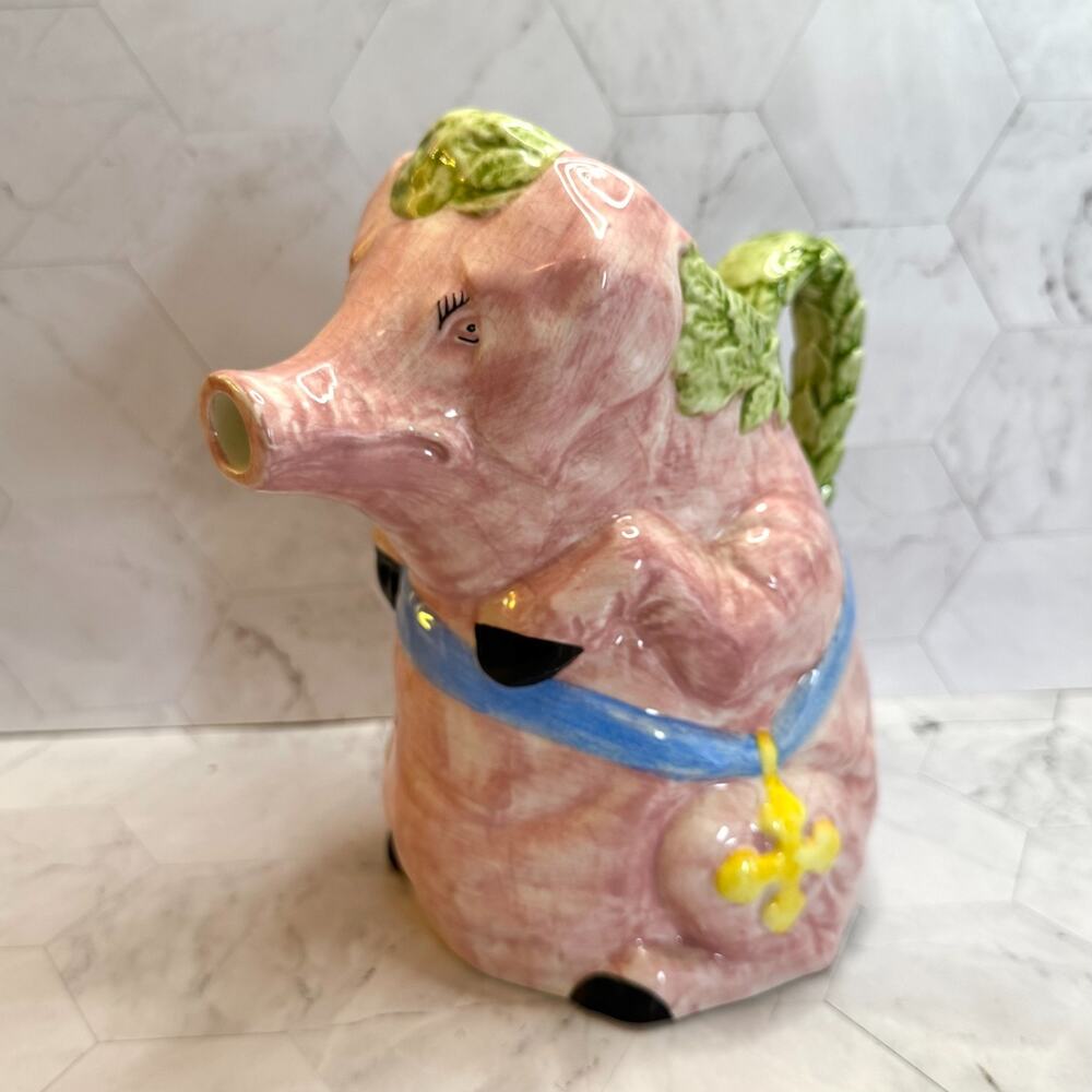 Antique Majolica Pig Pitcher Costa Made in Italy Cross Ornament Rare Collectable
